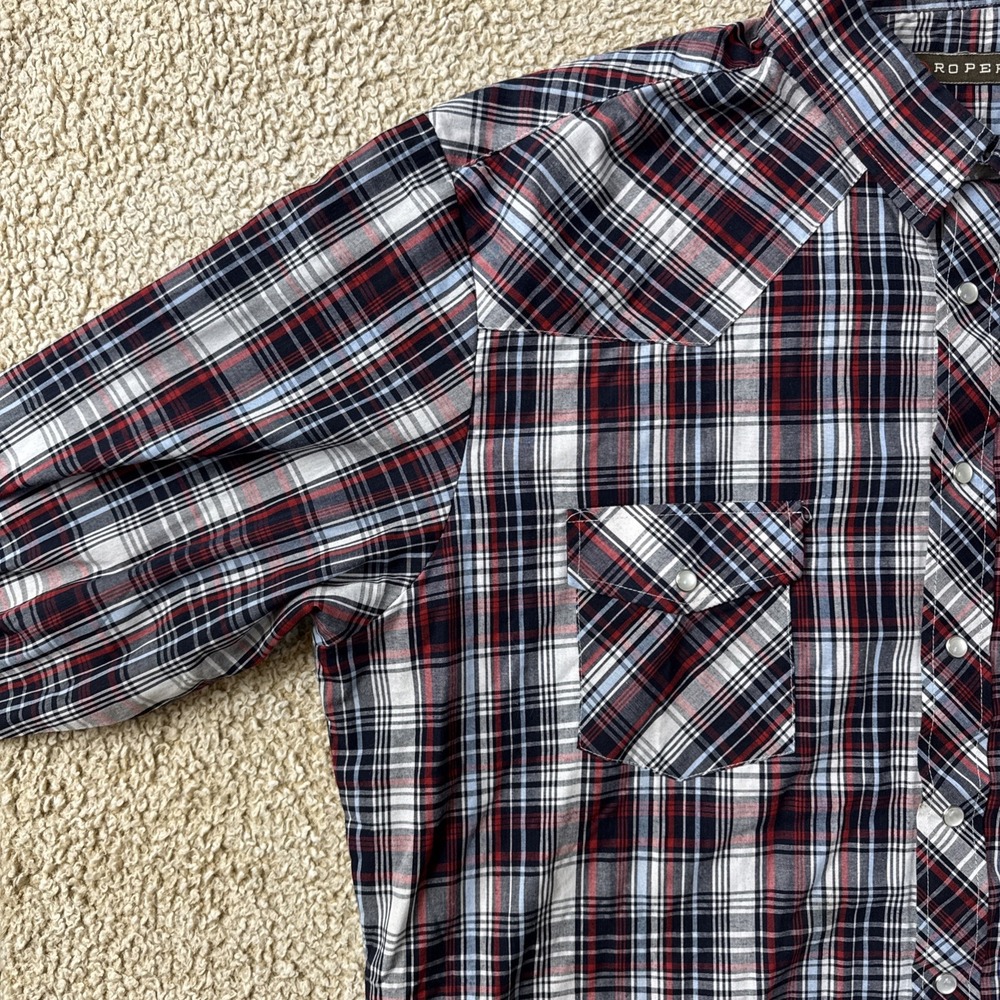 Roper Shirt Mens 2XL Red White Blue Plaid L/S Pearl Snap Western Cowboy - Picture 6 of 13